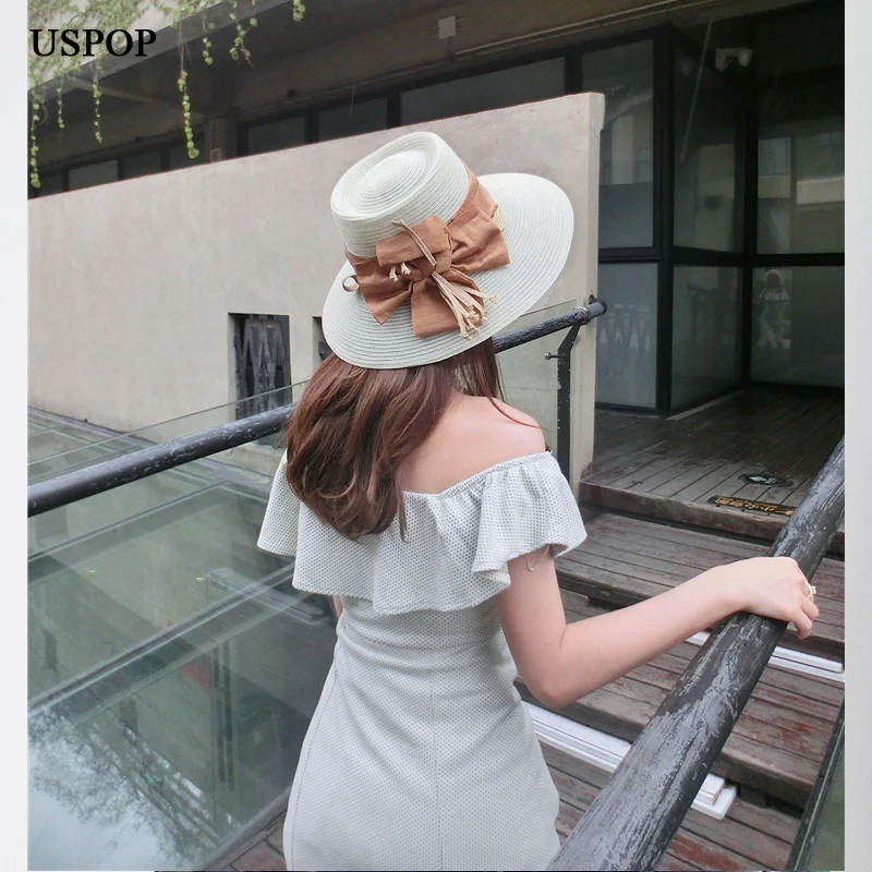 

USPOP New summer straw hats elegant bow sun hats light weight breathable polyester summer hats large brim beach hat