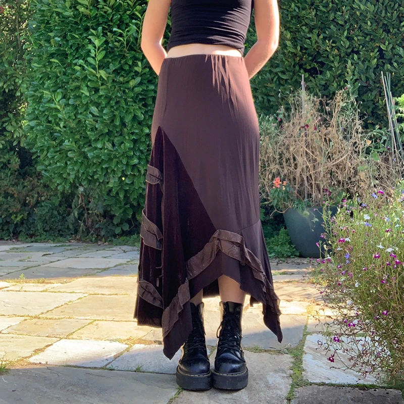 

Женское длинное платье с оборками, повседневное коричневое Вечернее приталенное платье в стиле ретро Y2K, с асимметричной строчкой и высокой...