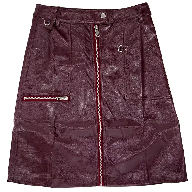 Женская юбка на молнии винно-красная из искусственной кожи с высокой талией