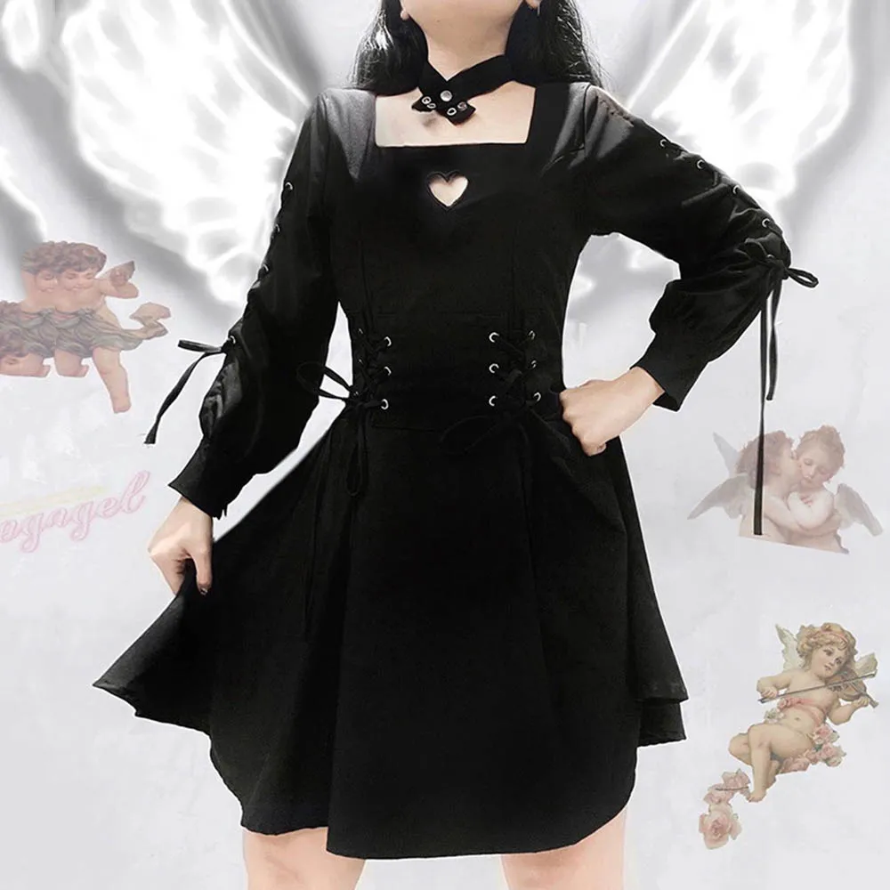 Готическое 2019 осеннее женское готическое платье с чокером на шнуровке длинным