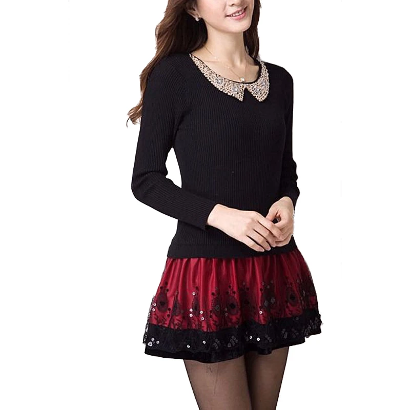 

Autumn Lace Knit Mini Dress Women Casual Long Sleeve Kawaii One Piece Dress Korean Spring Slim Elastic Sweater Dress Female