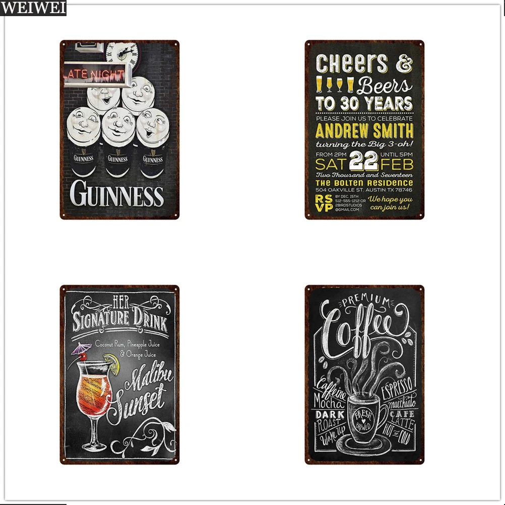 

WEIWEI Wall Art Vintage Coffee Tin Poster Wall Stickers Decoration Retro Mojito Cocktail Metal Plaque Sign Bar Club Kitchen Deco