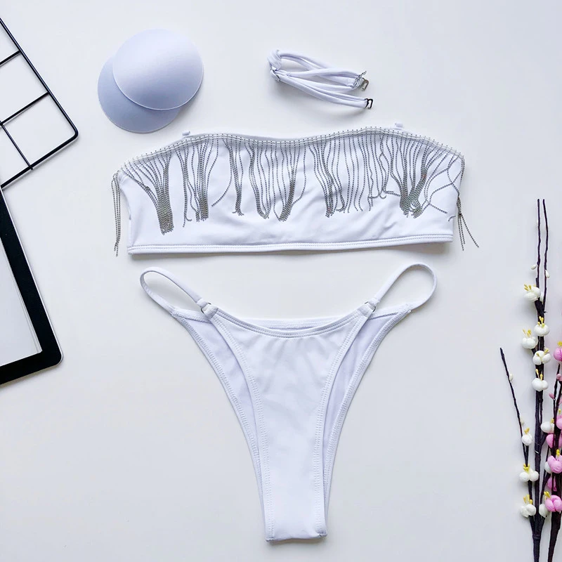 2020 женский сексуальный купальник бикини бразильский белый с бахромой и низкой