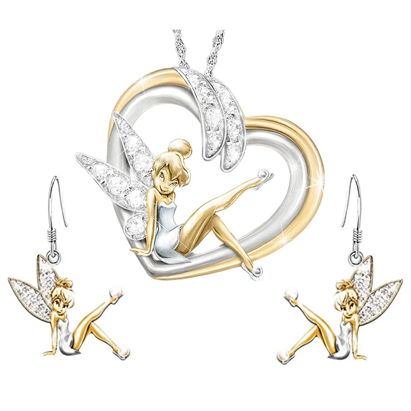 

Birthday Gift Women's Cute Little Fairy Pendant Exquisite Earring Necklace Set Fashion Popular Party Prom Jewelry Wholesale