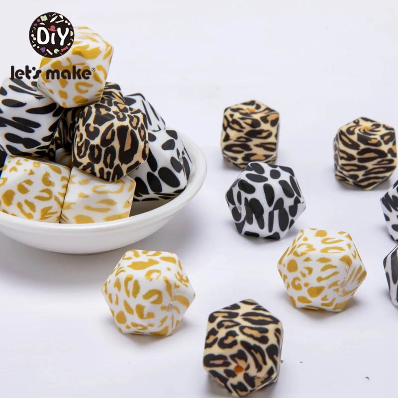 Let's Make-Cuentas octogonales de silicona para mordedores de beb&eacute;, juguetes para masticar, abalorios de leopardo impresos de 14mm, accesorio para manualidades, 10 Uds.-3