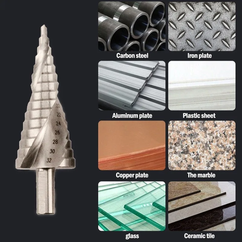 

HSS Step Drill Bit 1pcs 4-12 4-20 4-32mm Pagoda Drill Hexagon Screw Drill Spiral Grooved Metal Steel Step Drill Bit Power Tools