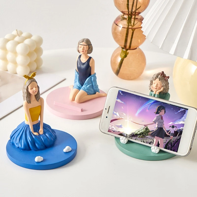 

Sitting Girl Mobile Phone Holder Desktop Ornaments Creative Resin Statues Home Desk Craftwork Bedroom Decor Living Room