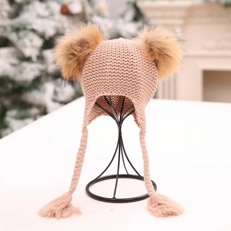 2019 Baby Accessories Fashion Kids Boy Girl Winter Warm Beanie Double Fur Pom Bobble Knit Hat Knitted Solid Cap Gifts | Детская одежда