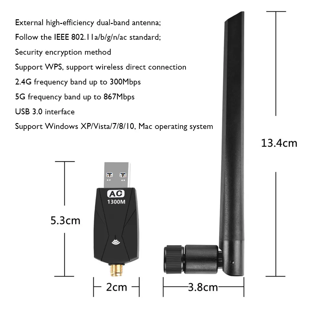 

1300Mbps USB Mini WiFi Dongle Adapter 2.4GHz 5.8GHz Dual Band Wireless Receiver Network Card with Antenna for Desktop Laptop PC