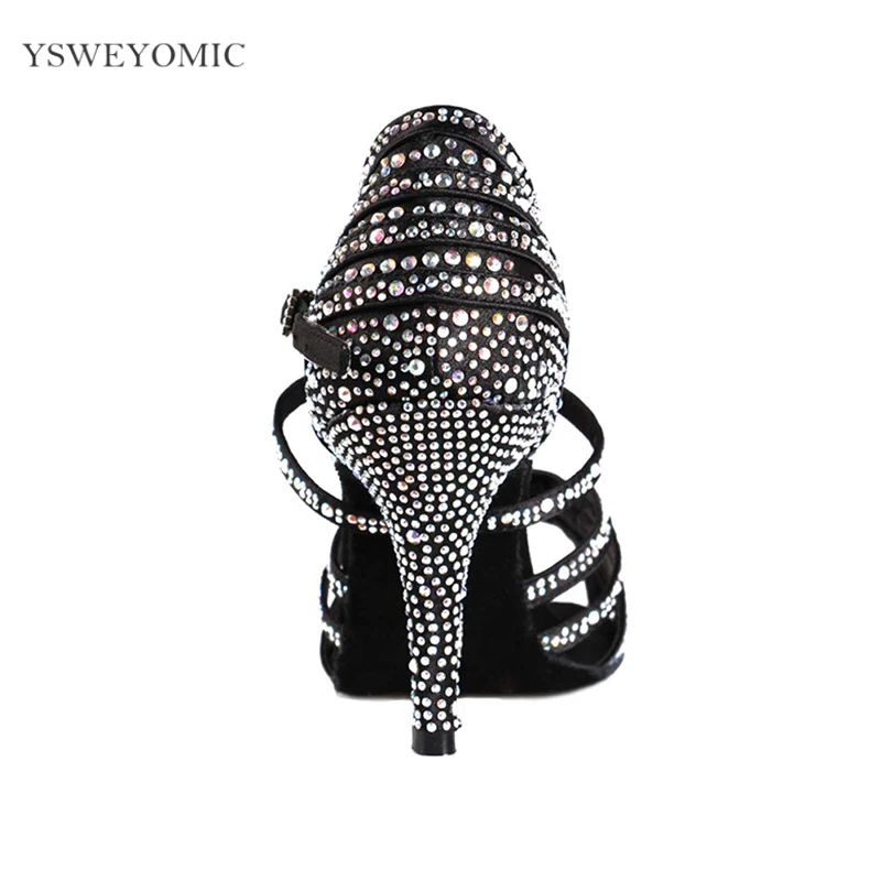 Suede Outsole Dance Shoes Blue Black Satin Crystal 3inch High Heel Professional Customizable Colors Salsa Latin Dance Shoes