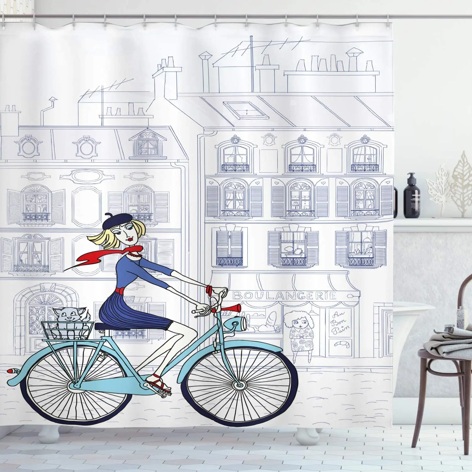 Белого и синего цвета Париж душ Шторы женщины езда на велосипеде Парижа с