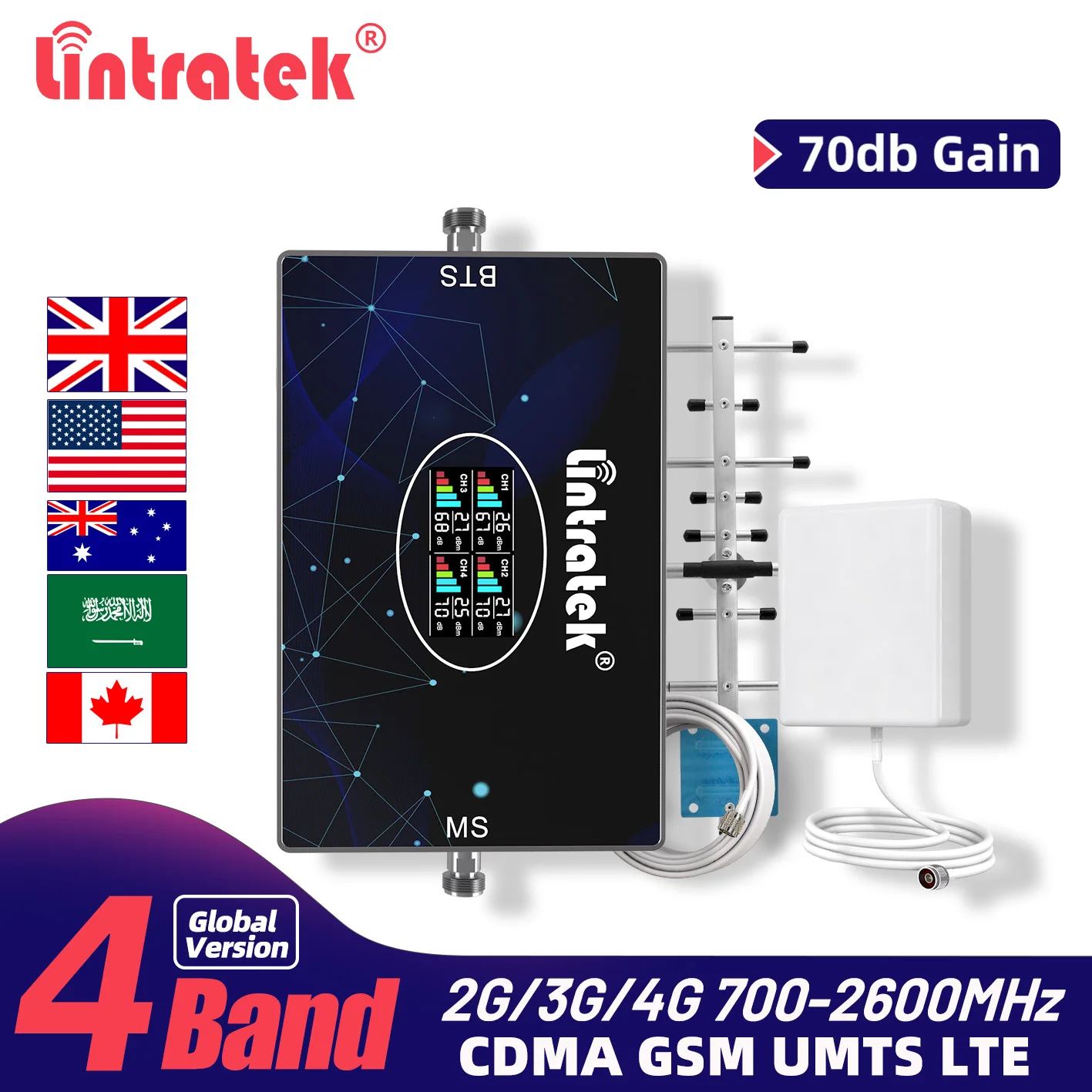 

Lintratek 2G 3G 4G Signal Repeater GSM AWS PCS DCS WCDMA 900 1800 1900 1700 Cellular Amplifier LTE 700 800 2600 Signal Booster