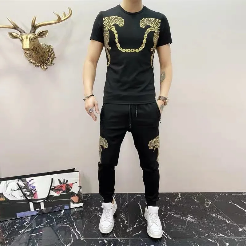 

Men's hot-selling printed rhinestone short sleeve suit tiger jacket two-piece crew neck quality sportswear