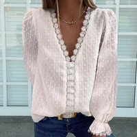 chic fashion women elegant blouses office lady shirt lace patchwork v neck solid color long sleeve chiffon blouse streetwear