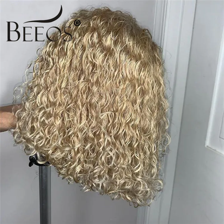 Beeos, 13*4, боковая часть, на кружеве, человеческие волосы, парик, 150%, 613, блонд, кудрявый Боб, предварительно Запряженные, Remy, человеческие волосы, отбеленные узлы, перуанские волосы