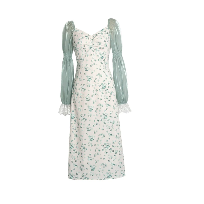 

Fresh Print Spring 2021 V Neck Lace Edge Dresses Simple Vintage Style Elegant Femme Robe Slim Waist Long Sleeve Sweet Vestidos