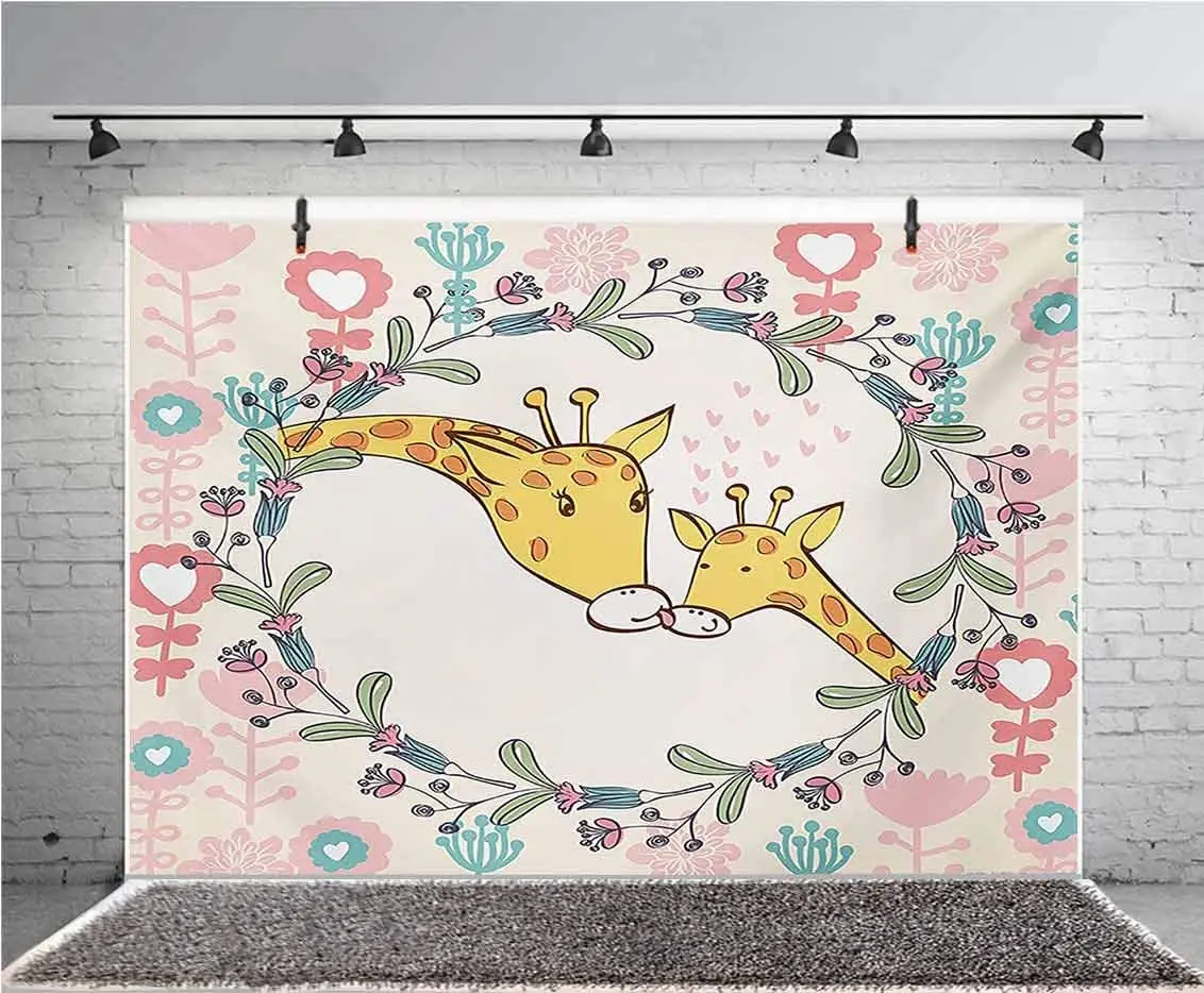 

Фон для фотосъемки с изображением жирафа, Мультяшные фигурки мамы и животных, Цветочные сердца, цветы, фон для детского дня рождения