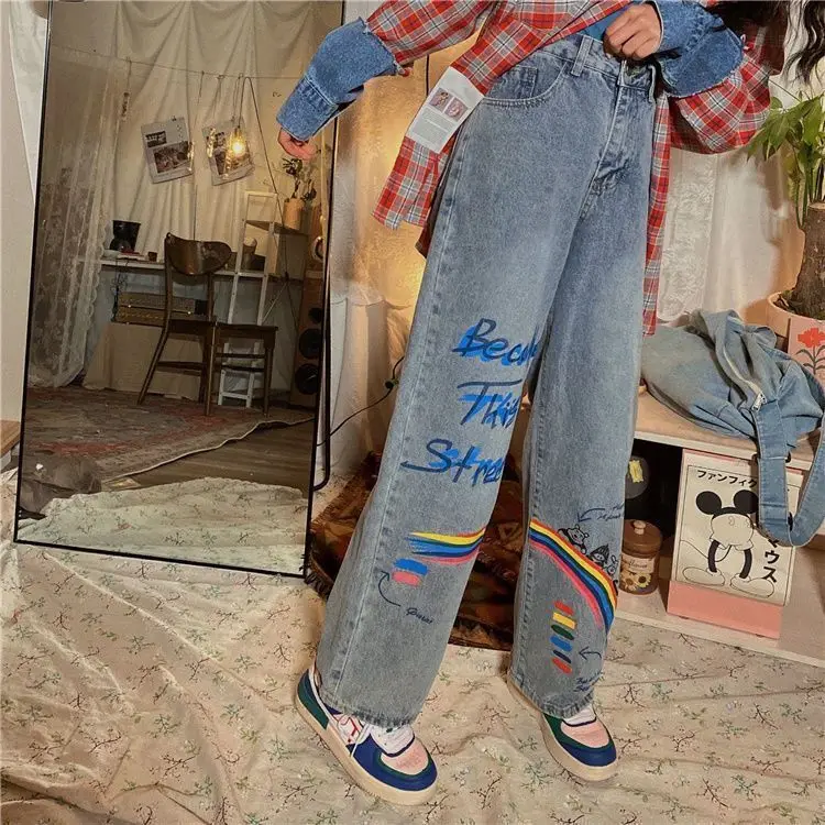 

Cool Blue Rainbow Jeans Women Streetwear Straight Jeans Female Boyfriend Jeans Streetwear Loose Summer Harajuku Oversized Jeans