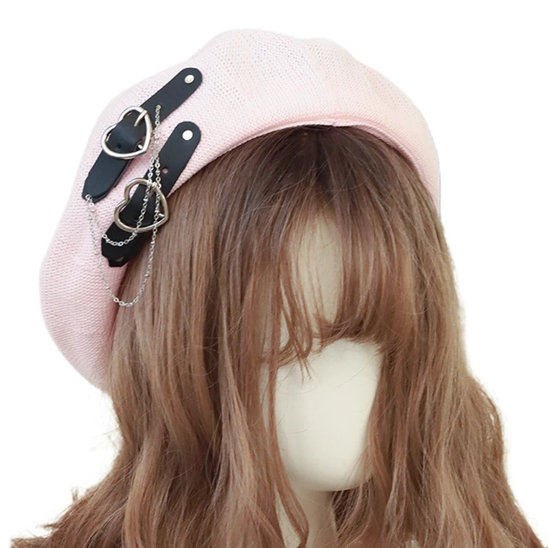 

066F Sweet Cool Punk Beret Lolita Hat Cute Girls Heart Buckle JK Hat Japanese Beanie JK Hat Kawaii Preppy Style Girl Beret