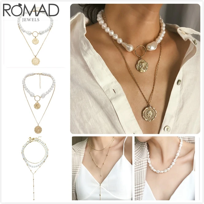 Ожерелье ROMAD женское с жемчугом в стиле барокко колье длинной цепочкой и