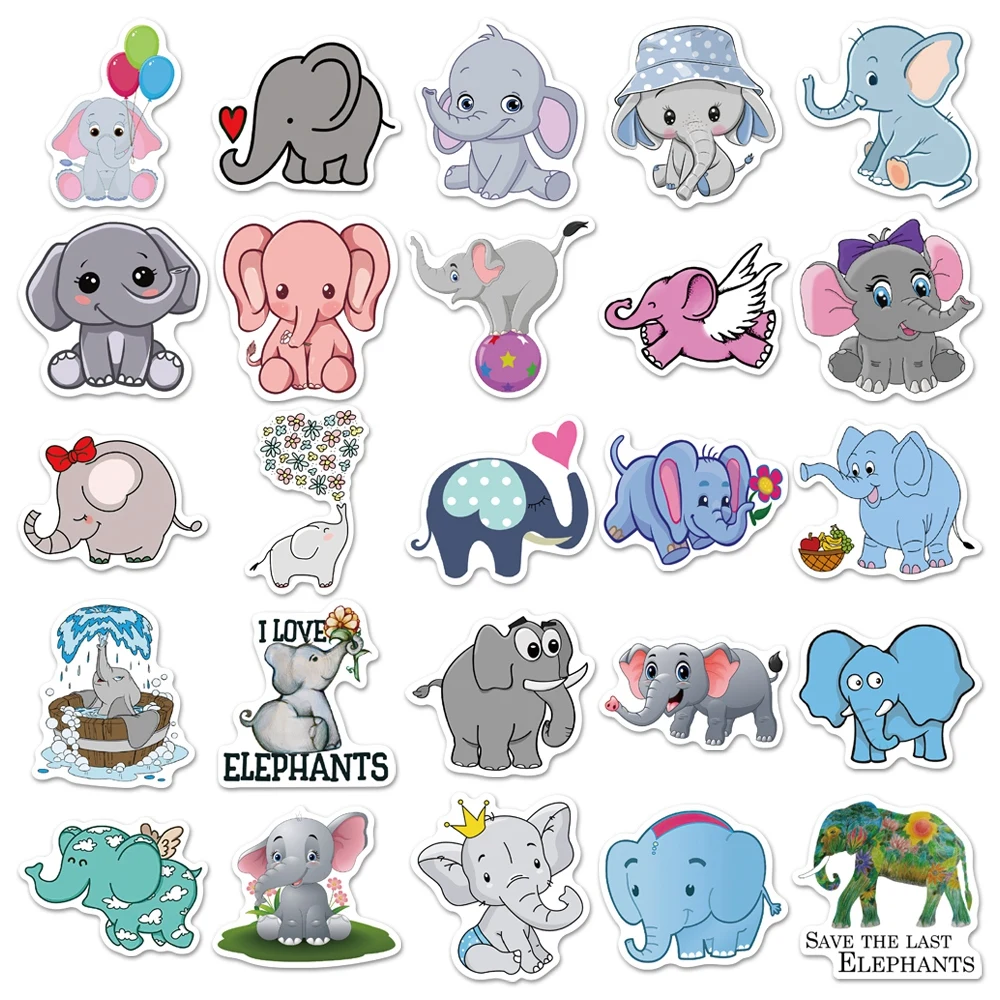 10/30/50PCS Elephant Stickers Cute Cartoon Animals Sticker Anime Pack for Skateboard Phone Guitar Car Laptop Fridge Kid Toys - купить по
