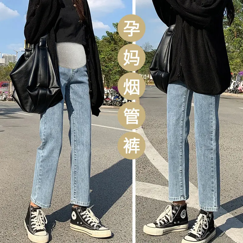 

Autumn Winter Fashion Denim Maternity Jeans Adjustable Belly Straight Pants for Pregnant Women Loose Pregnancy Trousers