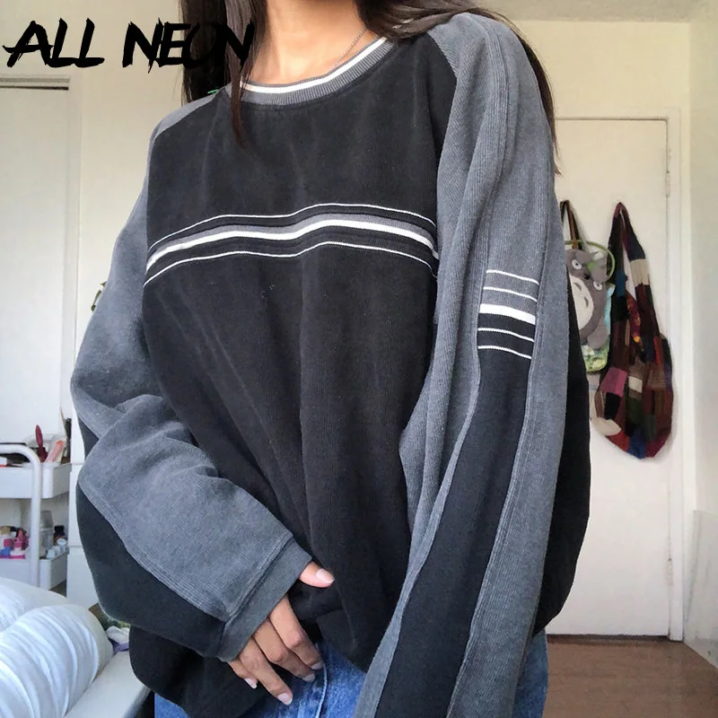 

ALLNeon Grunge Aesthetics Striped Print Oversized Pullovers Vintage Streetwear 90s Patchwork Long Sleeve Sweatshirts O-neck