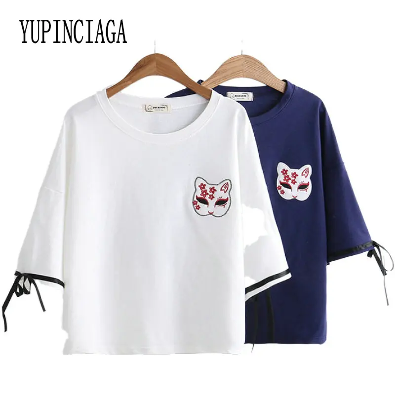 

Женская футболка с вышивкой мультяшного кота, хлопковая футболка с коротким рукавом и круглым вырезом, Повседневная Свободная футболка на шнуровке, весна 2020