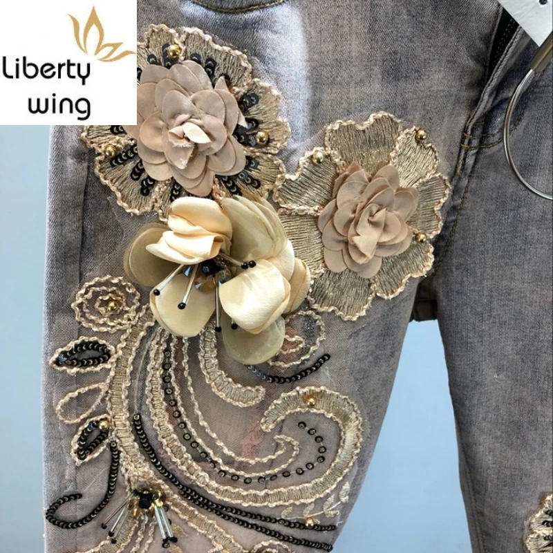 Женские штаны в стиле пэчворк с 3D цветами и блестками-карандаш стрейч из денима