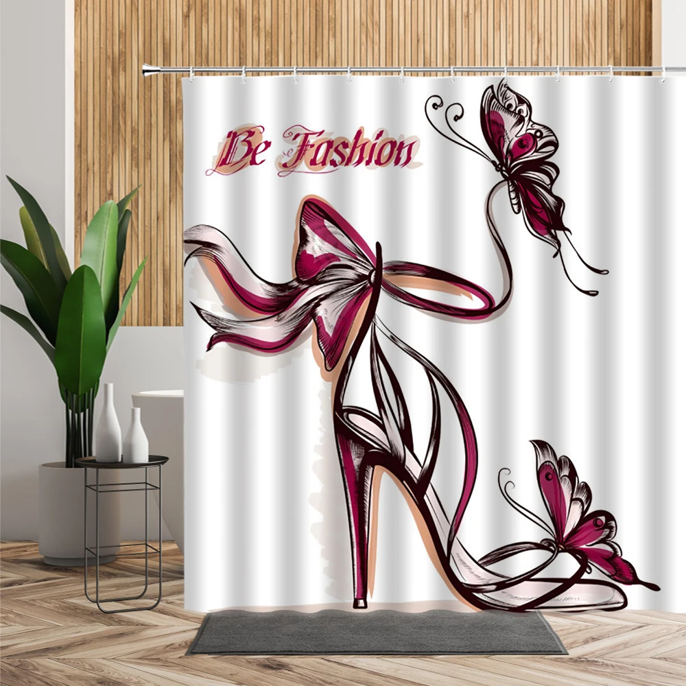 

Fashion High Heel Shower Curtain Bath Butterfly Valentine Printed Bathroom Home Decor Creative Waterproof Partition Curtains Set