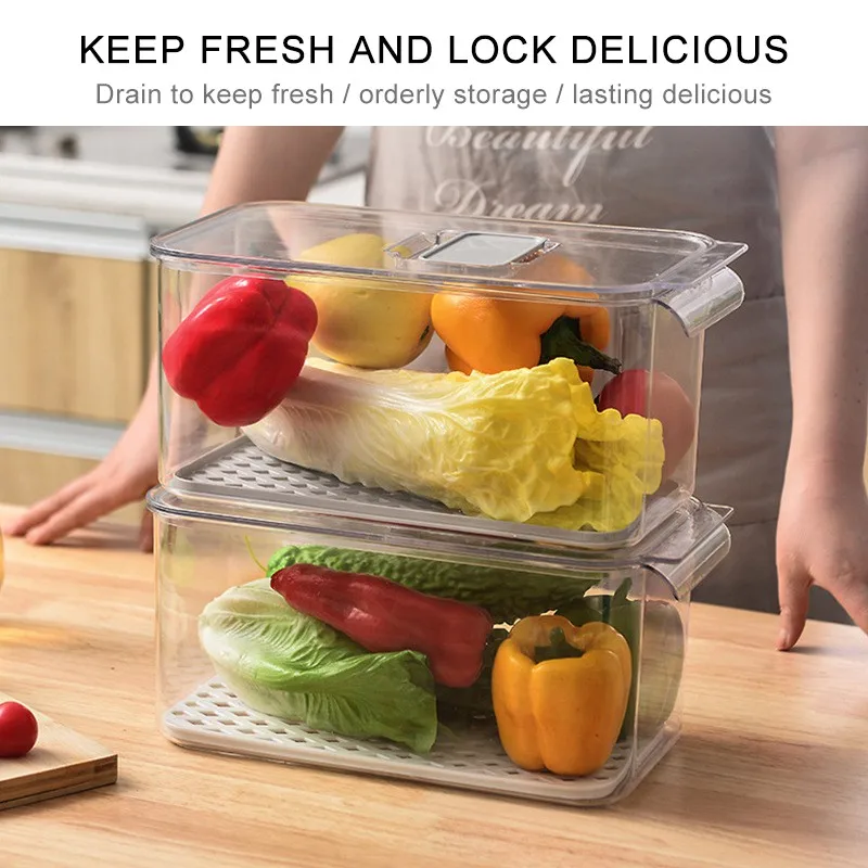 

Kitchen Storage Box Drawer Type Can Drain Fruit And Vegetable Fresh-Keeping Box With Lid Can Be Stacked Storage Box .