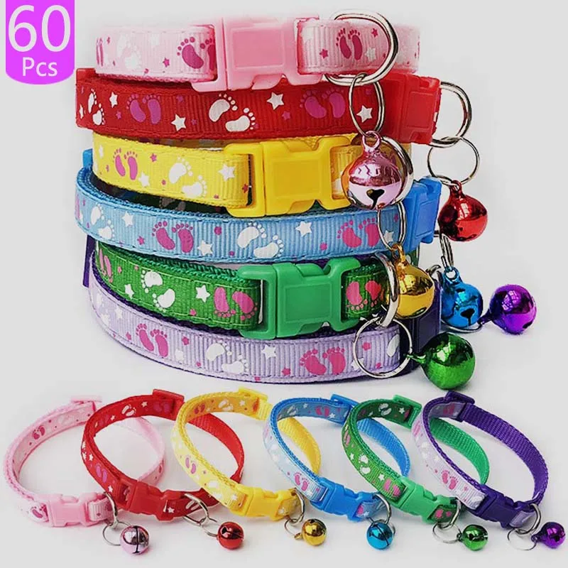 

Wholesale 60 X Dog Collar with Bell for Dog Adjustable Collar Pet Product Accessories Buckles Pet ID Tag Footprint Puppy Collar