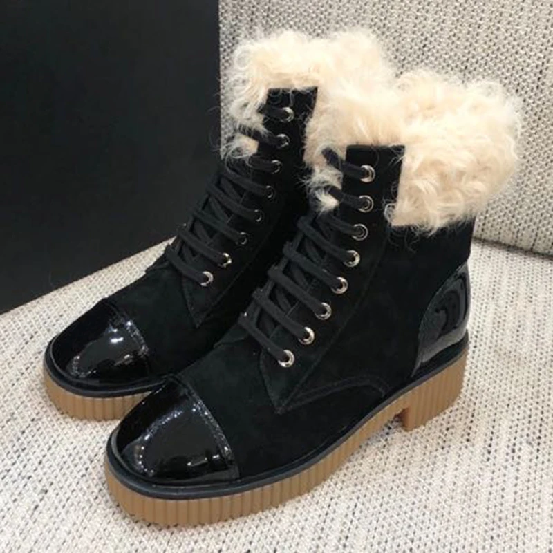 

Prowow Patchwork Square Heels Boots Winter Brand Design Plush Leather Women Shoes Casual Ankle Lace-Up Female Boots
