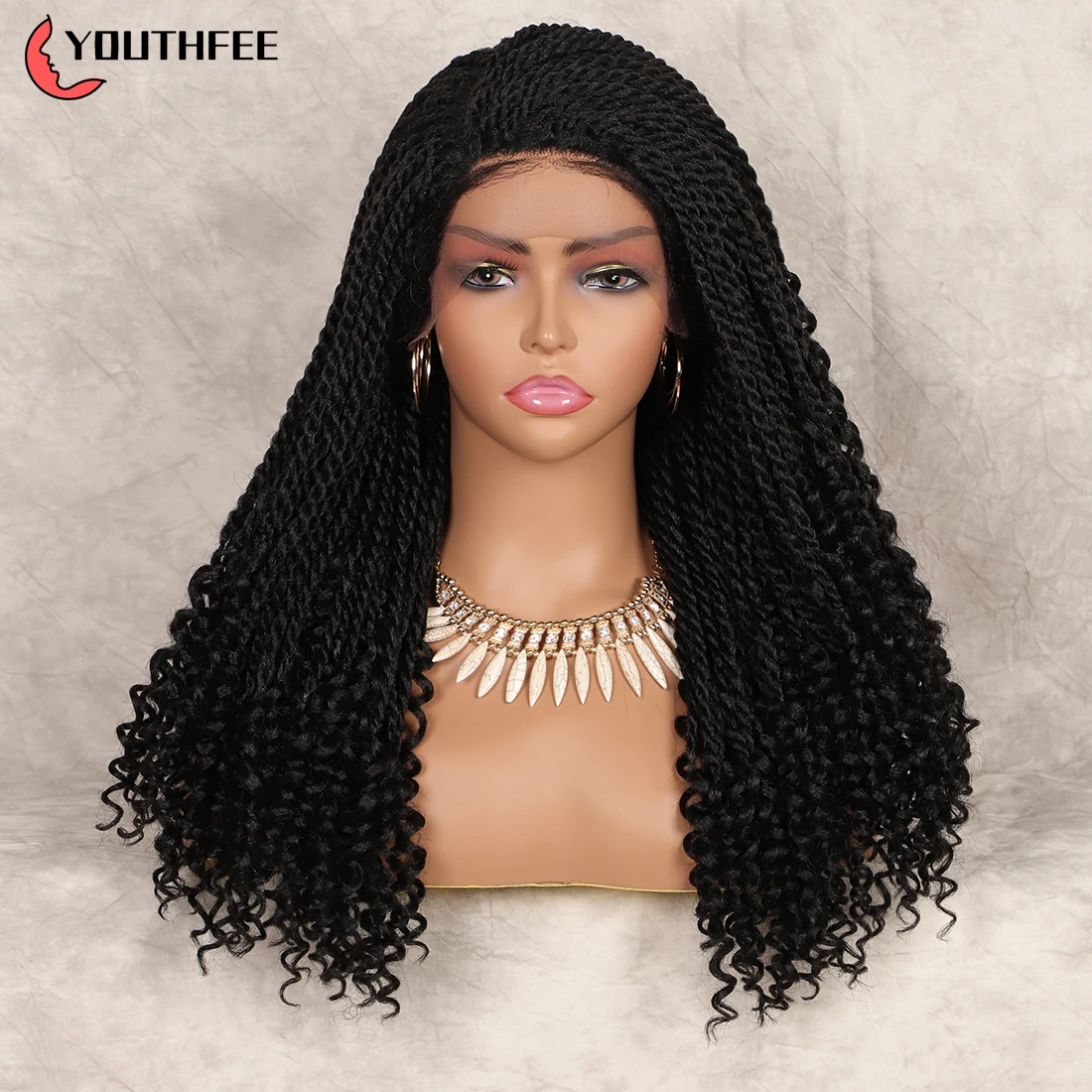 

Youthfee 20-дюймовый кружевной передний плетеный синтетический искусственный Черный Плетеный парик с завитками для черных женщин