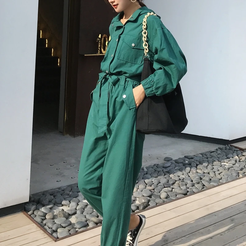 RICININA комбинезон размера плюс женский с длинными рукавами отворотом на кнопках