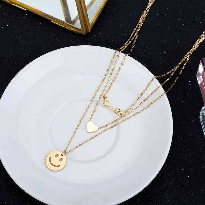

DIEYURO Stainless Steel European and American Smile Face Love Letter Three-layer Pendant Necklace Female Fashion Temperament
