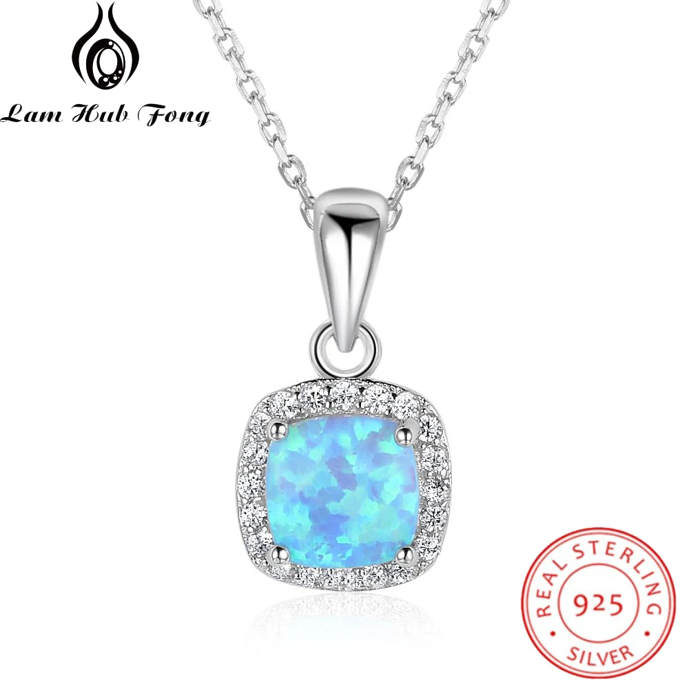 

925 Sterling Silver Necklaces & Pendants for Women Square White Blue Opal Necklace Cubic Zirconia Fine Jewelry (Lam Hub Fong)