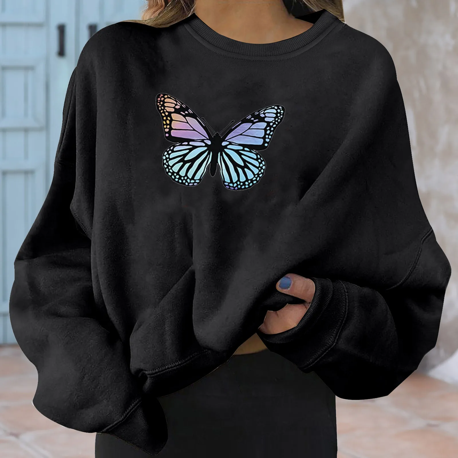 

2021 Vintage Women Sweatshirts Color Butterfly Print Drop Shoulder Femme Sport Tops Pullovers Long Sleeve Hoodies Swearshirt