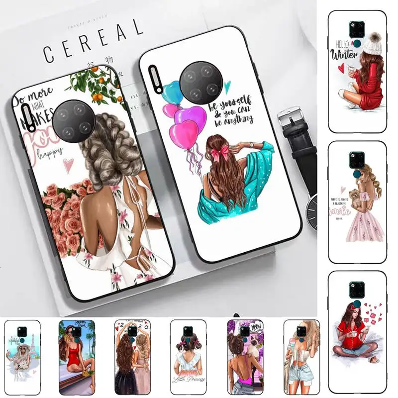 

Female Beauty Brown Black Princess Girl Phone Case for Huawei Mate 20 10 lite pro X Honor paly Y 6 5 7 9 prime 2018 2019