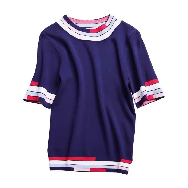 

Summer Ice Silk Top Female Short Sleeve Korean Round Neck T-shirt Female Slim T-shirt Female Skin