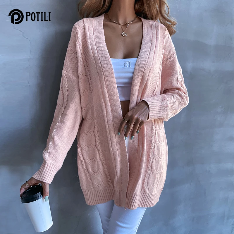 

Кардиган POTILI Женский вязаный, элегантный теплый повседневный Свитер оверсайз, модная верхняя одежда с открытым стежком, розовый, на осень-з...