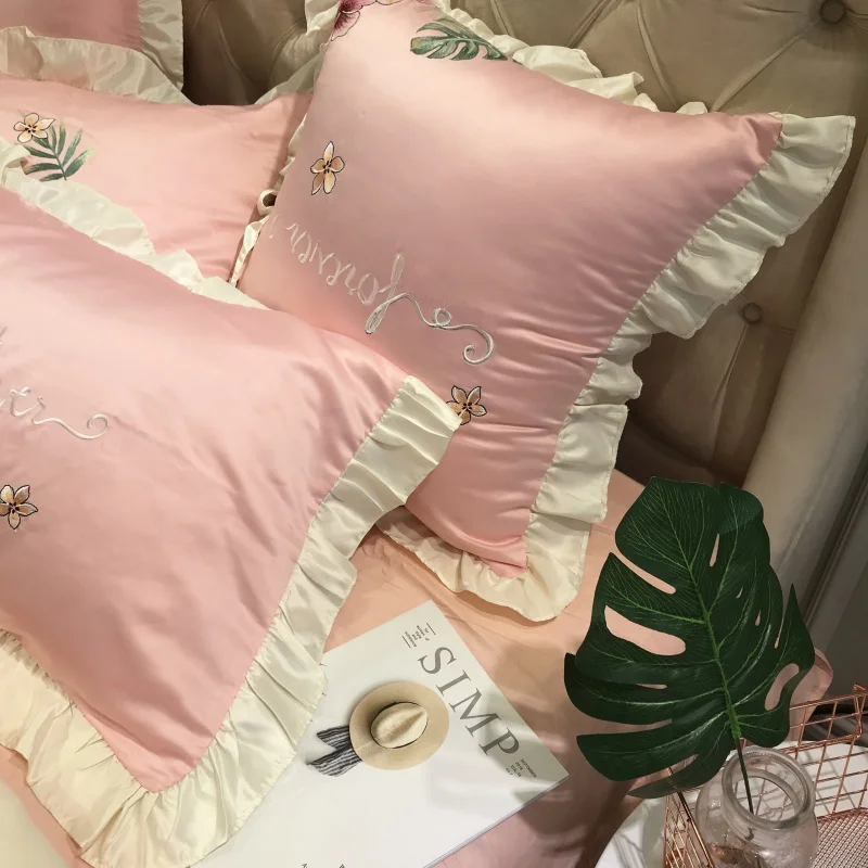 

Pink/White Blue Luxury Tropical Flowers Embroidery Silk Cotton Girl Bedding Set Ruffle Duvet Cover Bed sheet/Linen Pillowcases