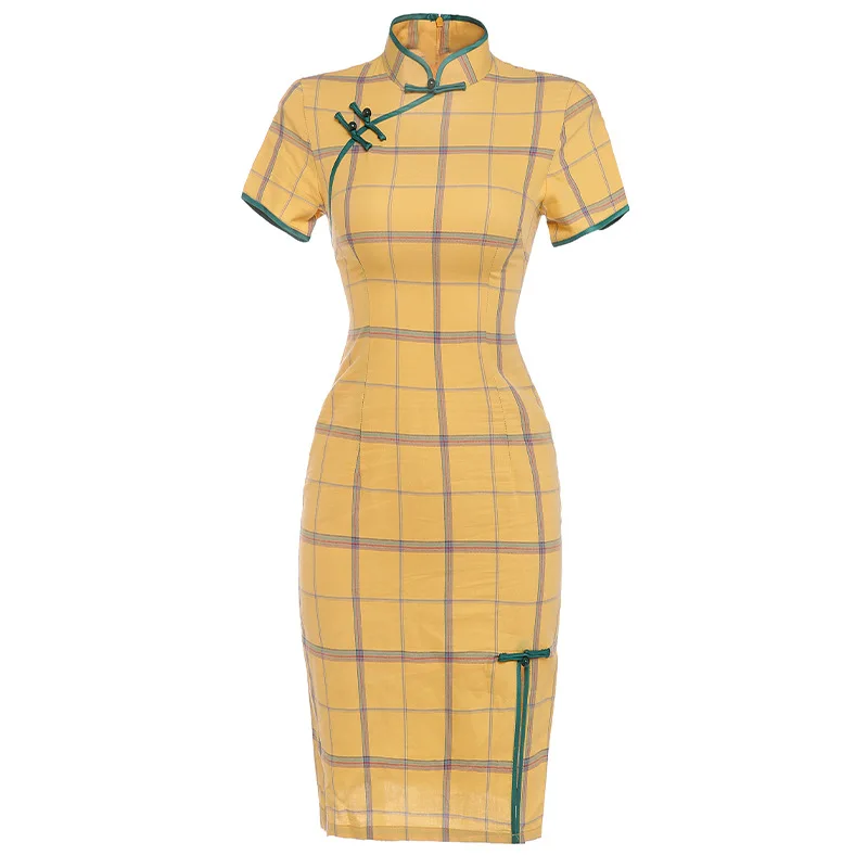 Клетчатый чонсам Новинка весна-лето 2020 короткое Платье из хлопка и льна для