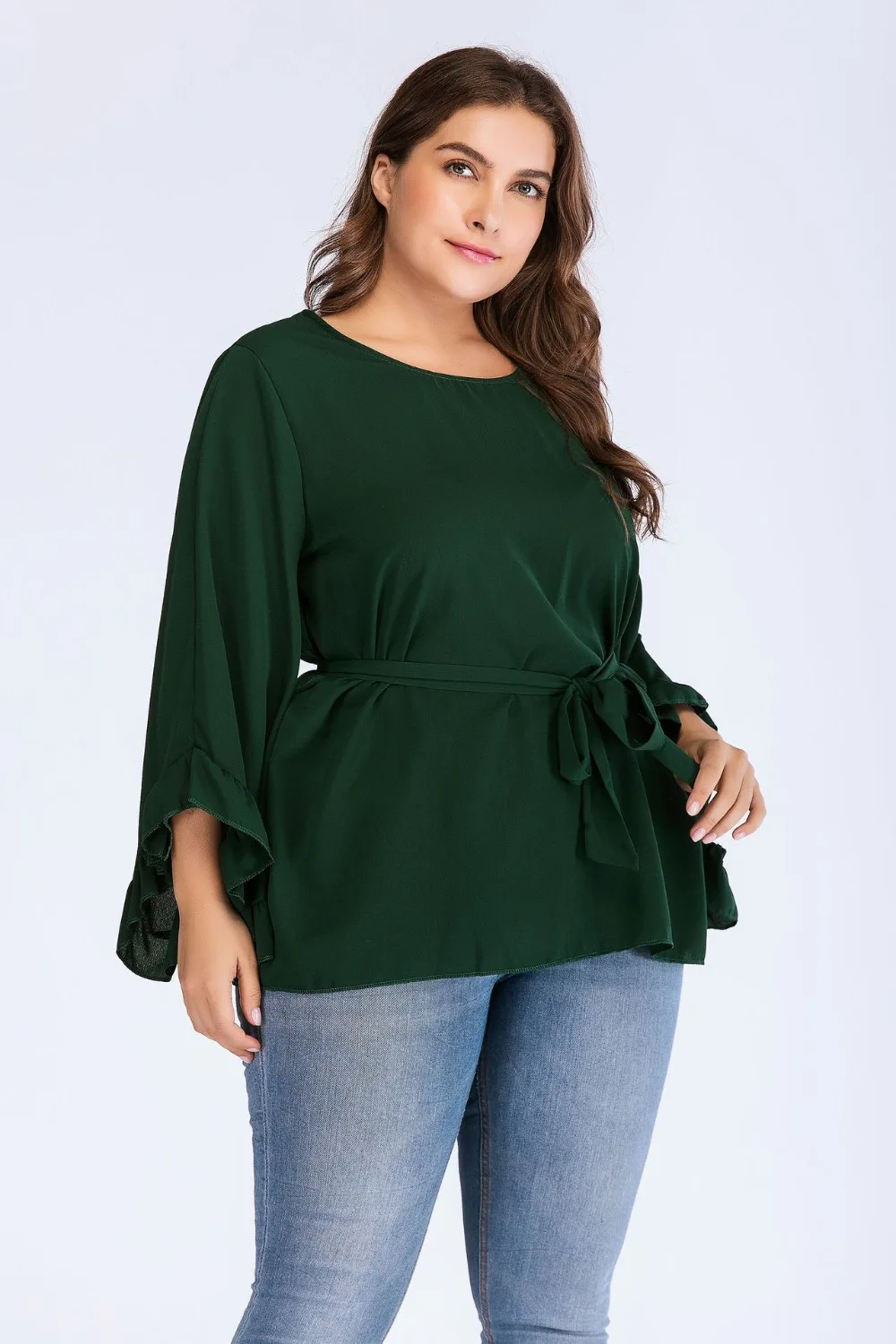 new autumn winter plus size tops for women long sleeve large cotton O neck casual loose T shirt belt green 4XL 5XL 6XL 7XL