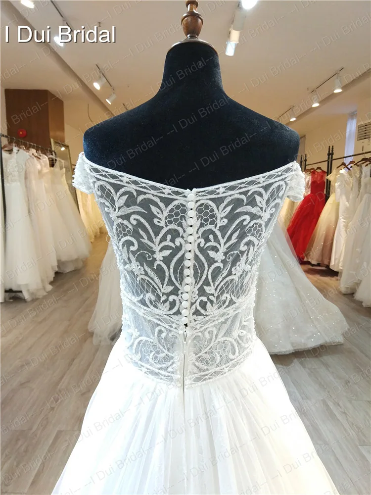 Off Shoulder Wedding Dress with Short Sleeve Beaded A Line Bridal Gown Illusion Corset