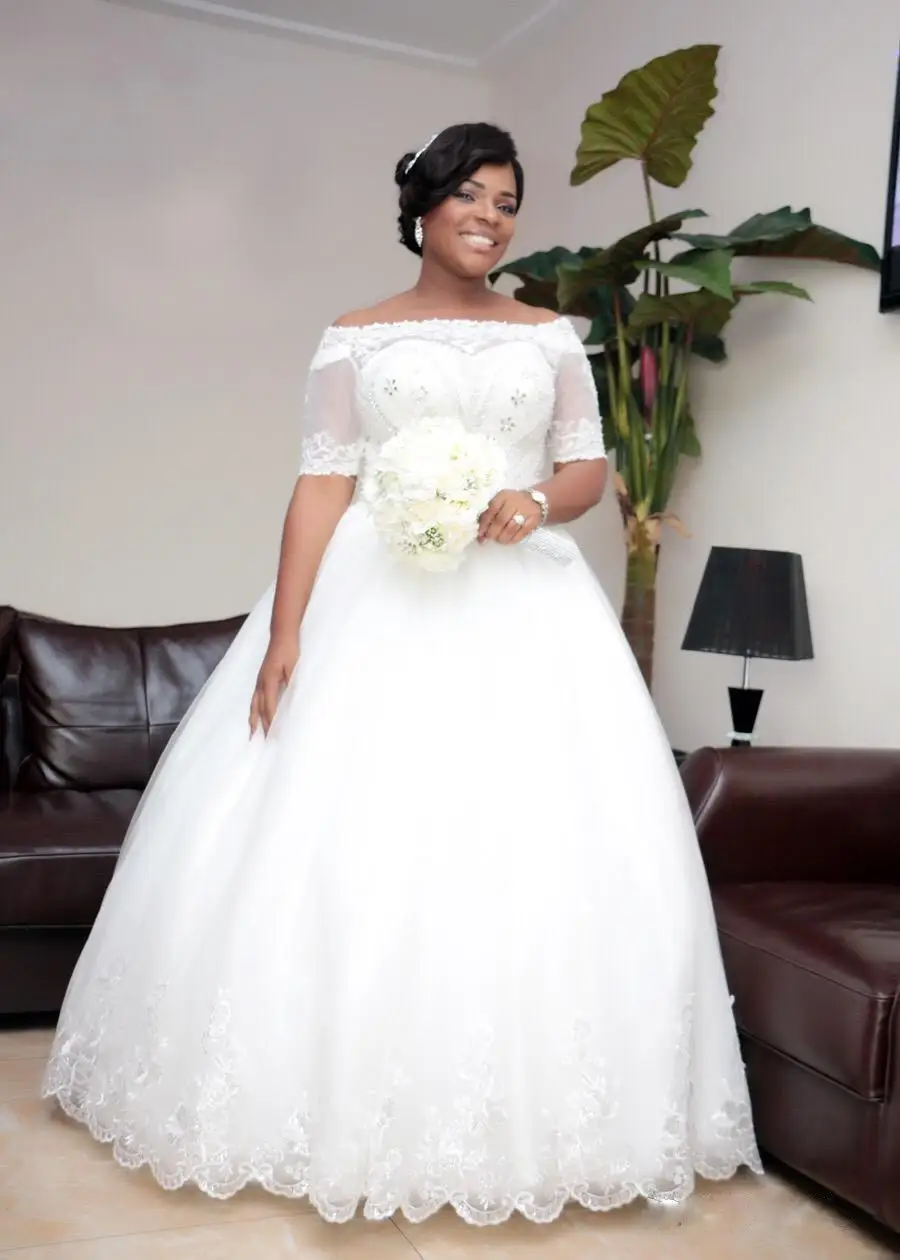 

Plus Size African Custom Made Ball Gown Wedding Dress Beads Appliques Short Sleeves Bandage Bride Gowns Bridal Dresses