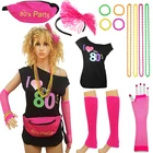 Женский неоновый костюм из футболки и перчаток, комплект из ожерелья, браслета и перчаток с принтом в стиле 80-х, аксессуары для вечеринки