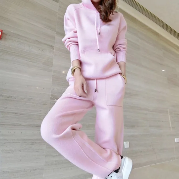 

2020 Autumn Winter Pink Two Piece Set Casual Chic Hooded Knitted Sweater Tops And High Waist Wide Leg Pants Women Tracksuit