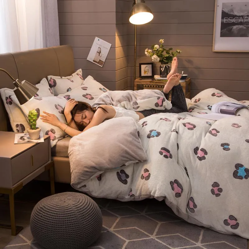 

3D 4pcs Set Flannle Fleece Bedding Set Winter Warm Printed Cashmere Duvet Cover Snowflake Velvet Fleece Bedclothes Blue Flower