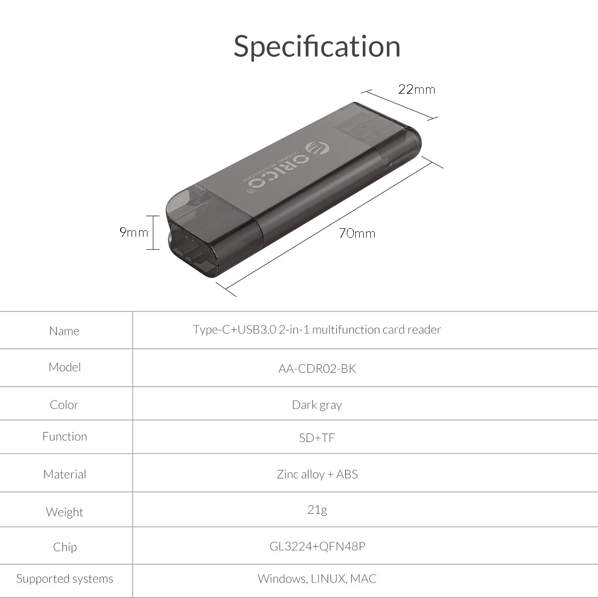 ORICO USB 3,0 TF/SD кард-ридер Mini USB3.0 USB C двойной кард-ридер Поддержка SD/TF с многофункциональным дизайном-черный/белый